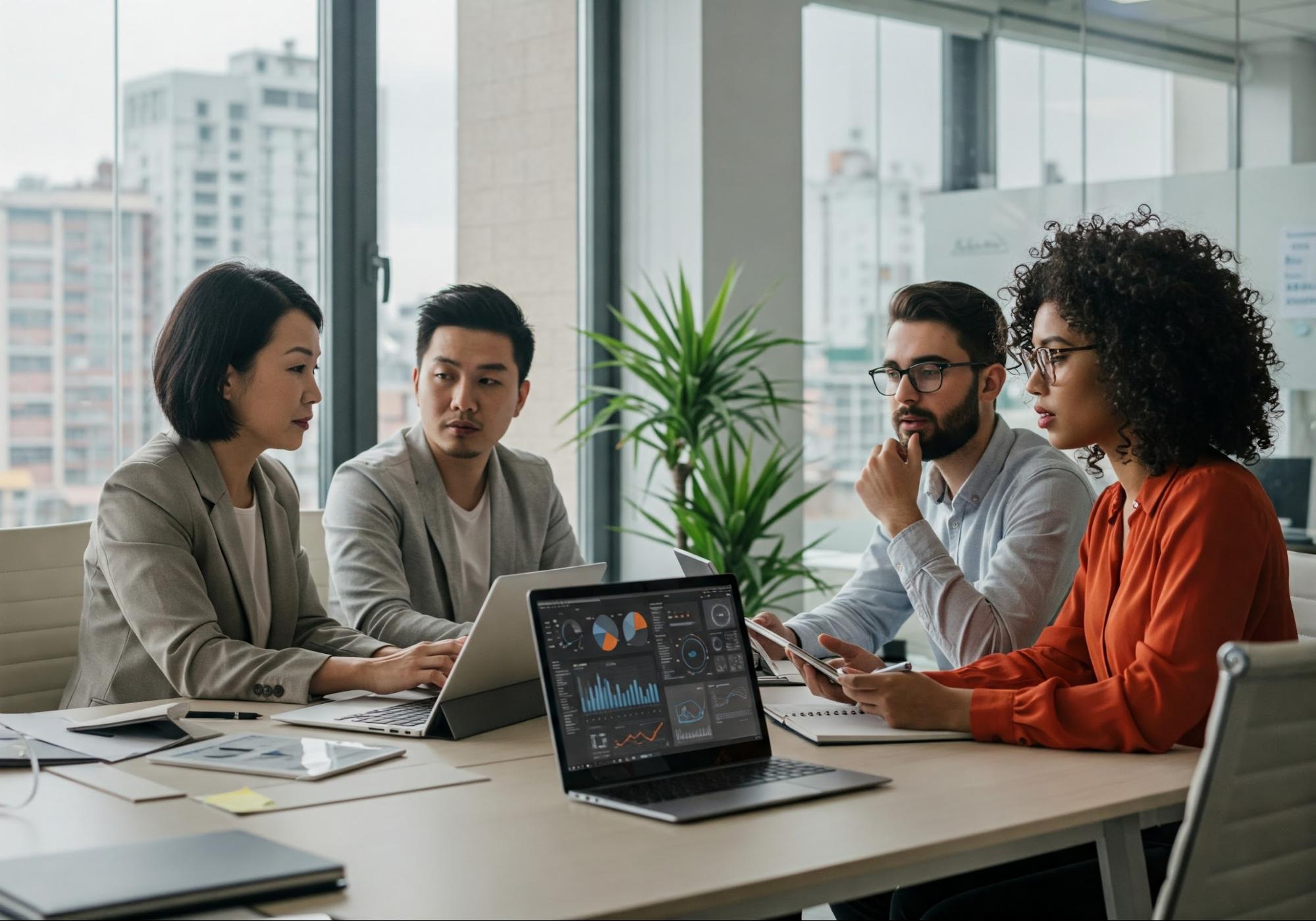 A modern office interior with people collaborating at a table, discussing digital solutions.