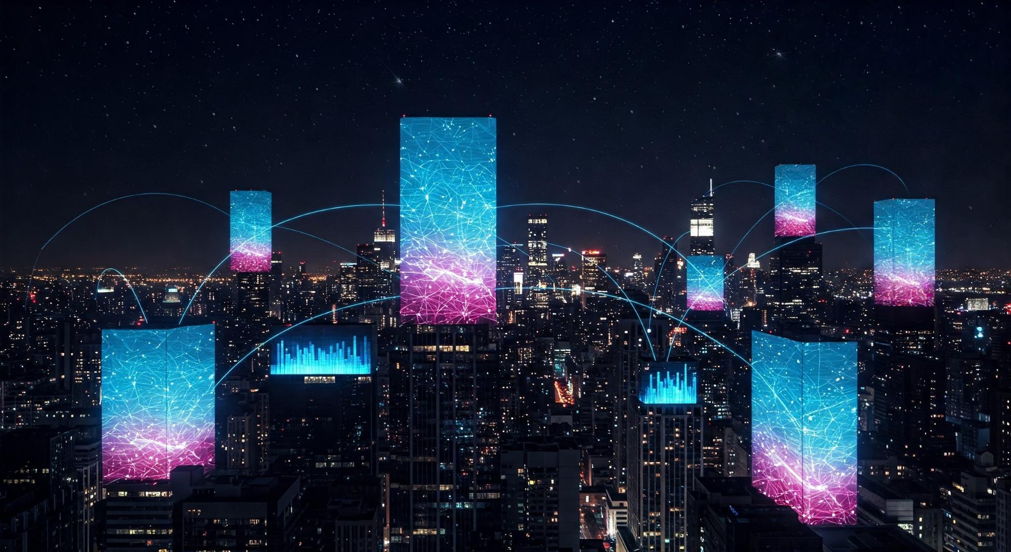 A futuristic cityscape with holographic displays and digital networks overlayed, representing technology and connectivity.